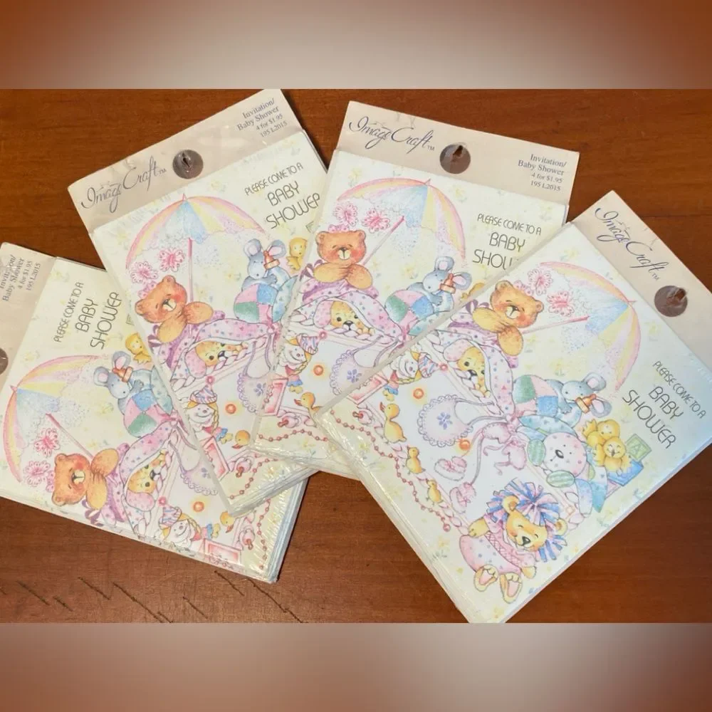 Vintage Bear Baby Animals Pastel Cottage Baby Shower Card Invitations NEW